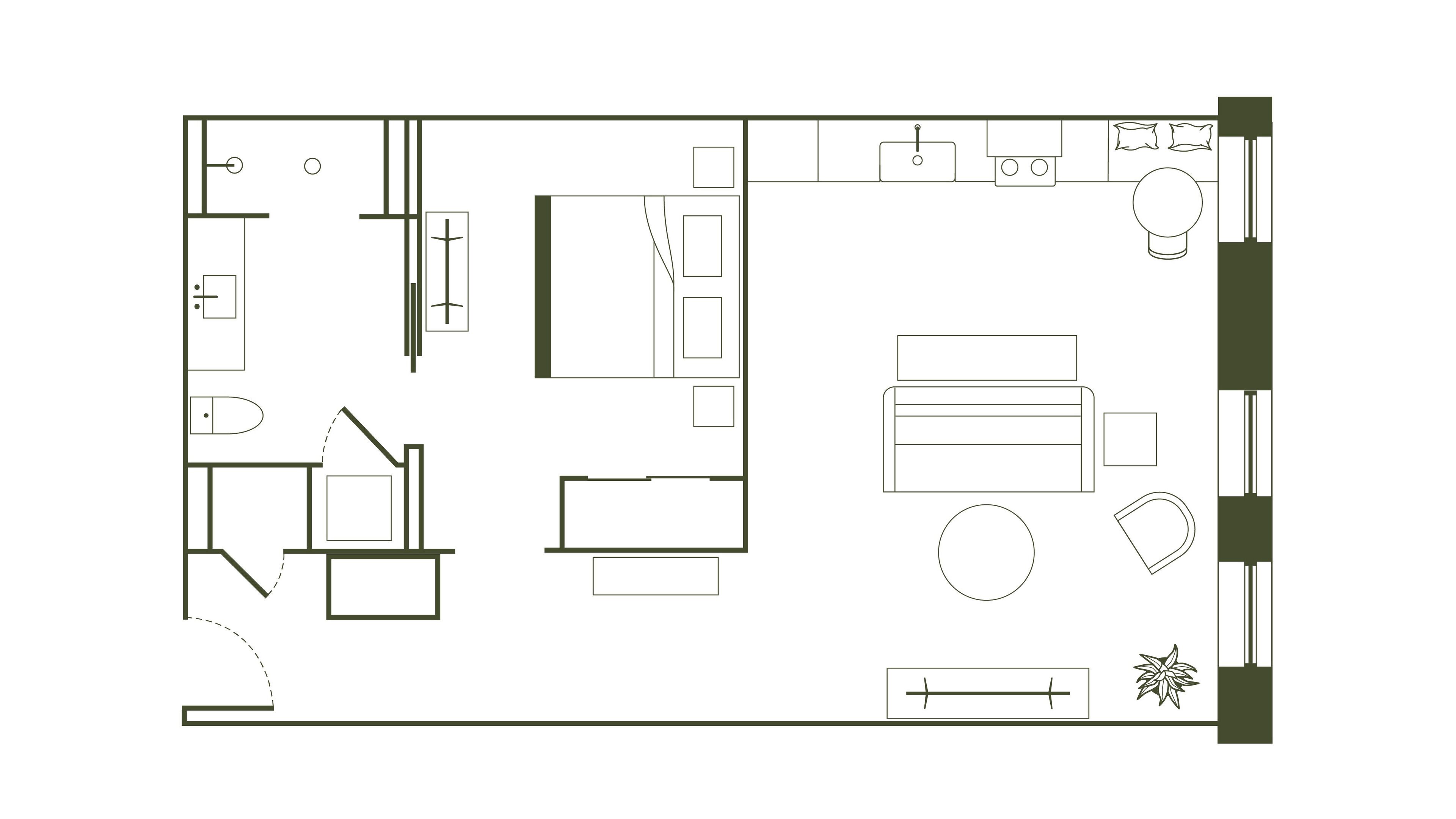 En planritning över ett hotellrum med en säng, ett skrivbord, en stol, ett litet bord, en soffa, ett fönster och ett badrum.
