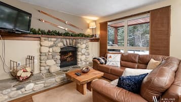 Smart TV, chimenea, libros y biblioteca musical