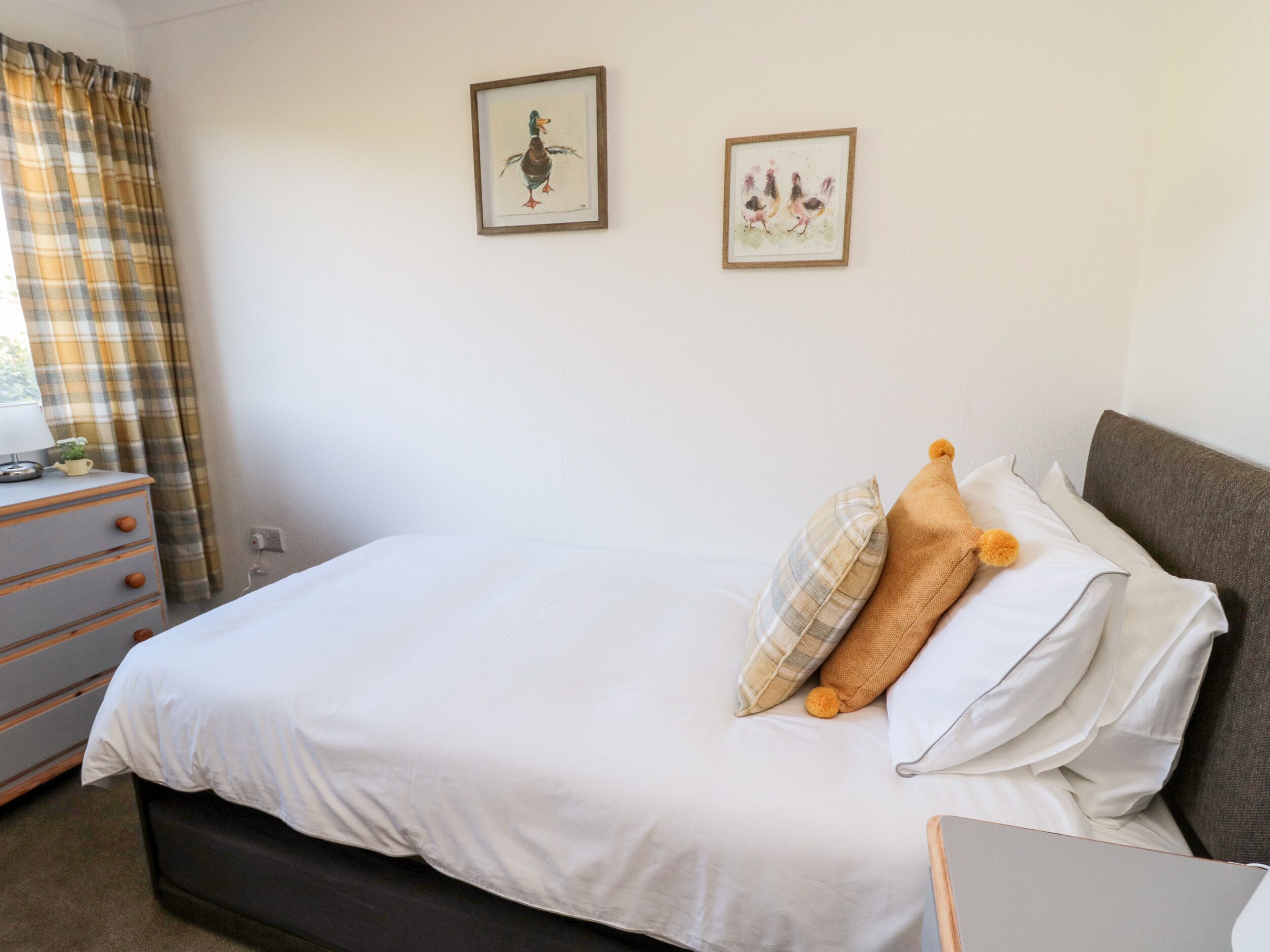 A neatly made bed with white bedding, a gray headboard, and a brown pillow. There are two framed pictures on the wall, a plaid curtain, and a gray dresser with a lamp.