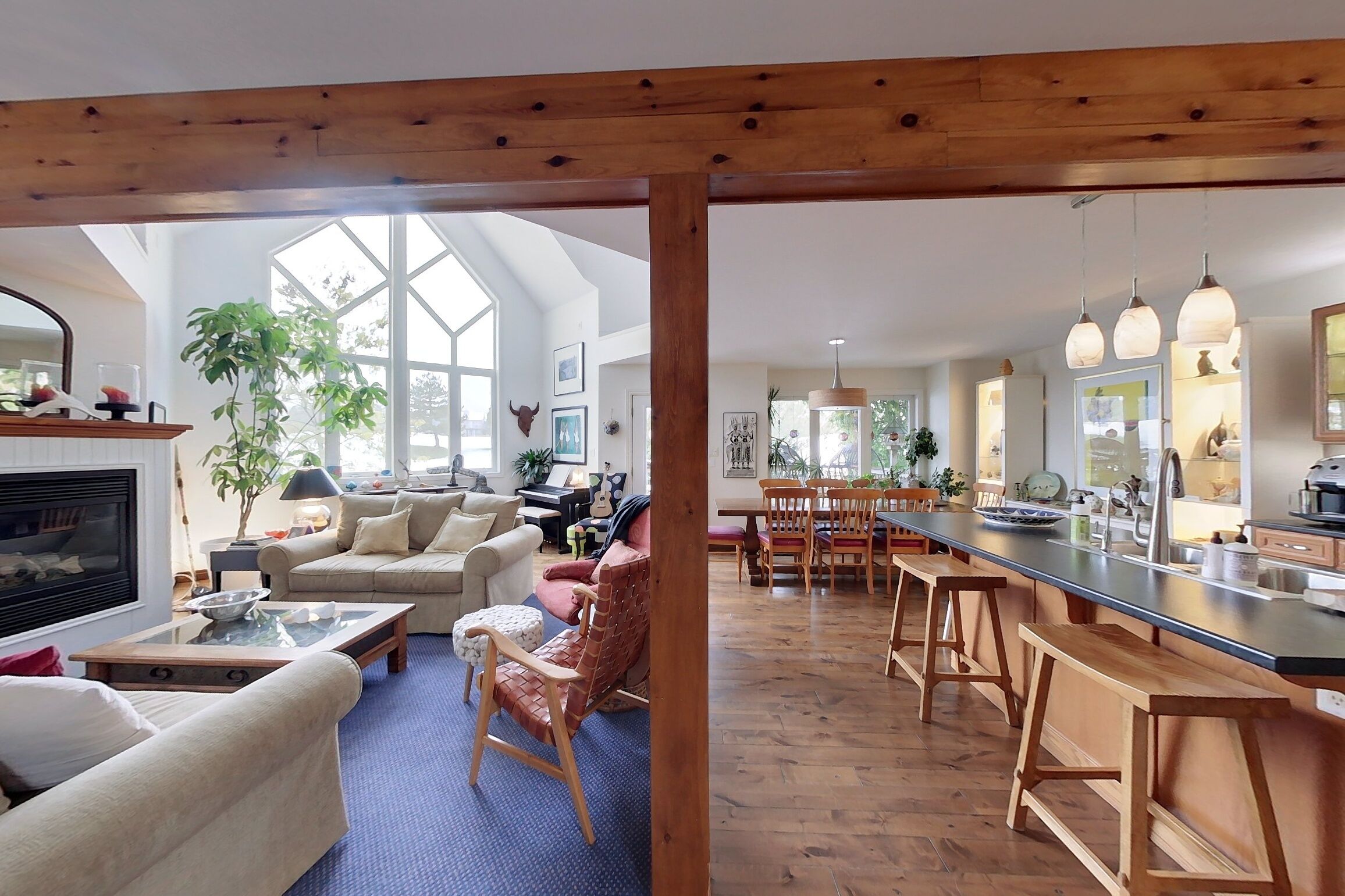 TV, fireplace, books, music library