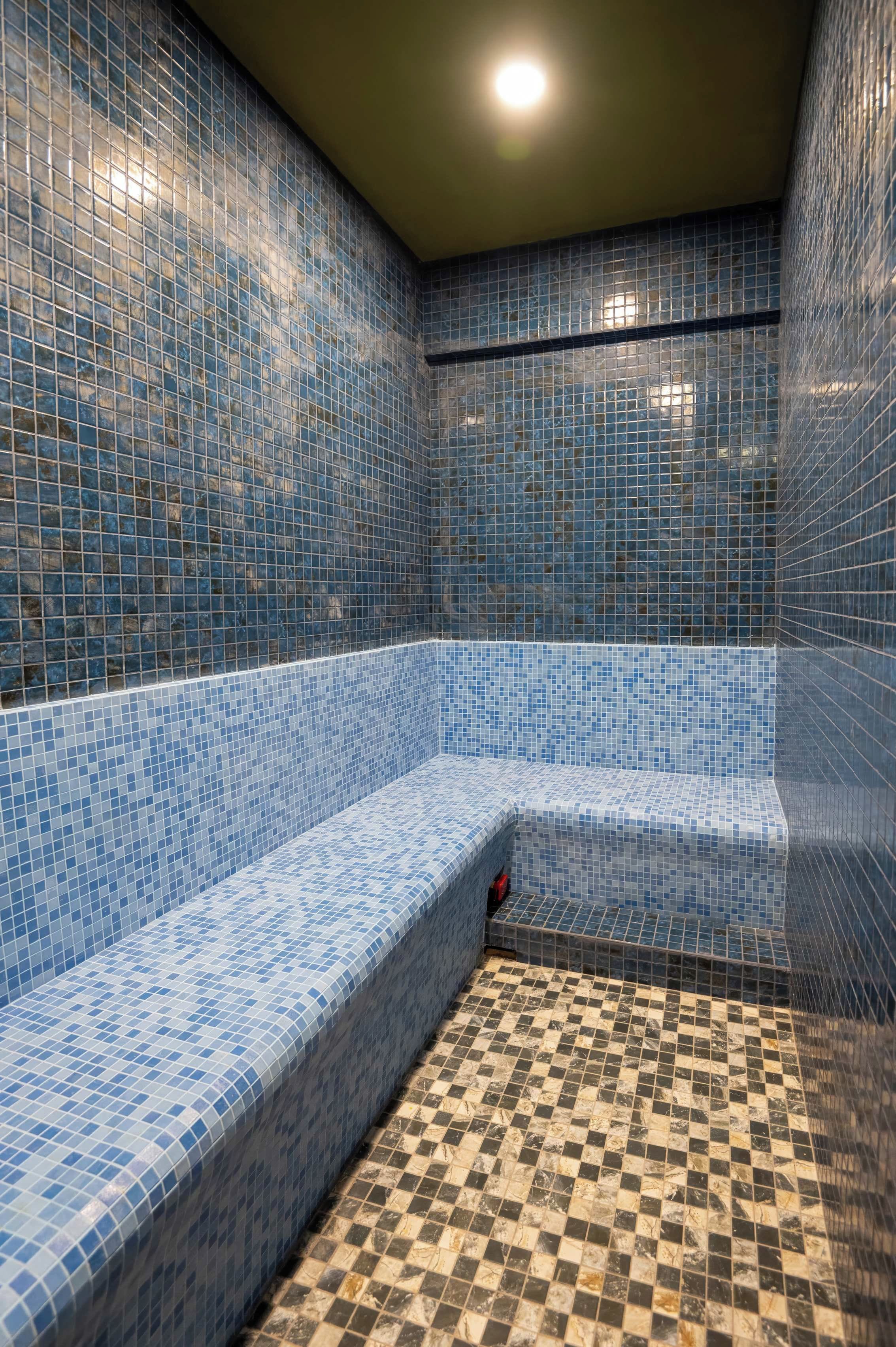A tiled room with a checkered floor and blue-tiled walls.