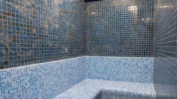 A tiled room with a checkered floor and blue-tiled walls.