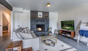 Smart TV, fireplace, books, computer monitors