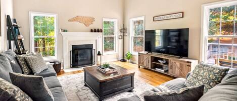 TV connectée, cheminée, livres