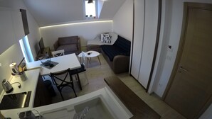 Ein kompakter Wohnraum mit Küchenzeile, Essbereich, Sofa und Kleiderschrank.