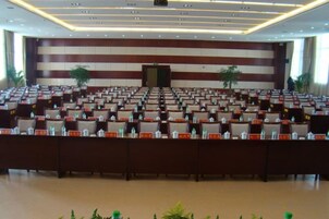 Un salón de conferencias con filas de sillas, un atril y plantas en macetas.