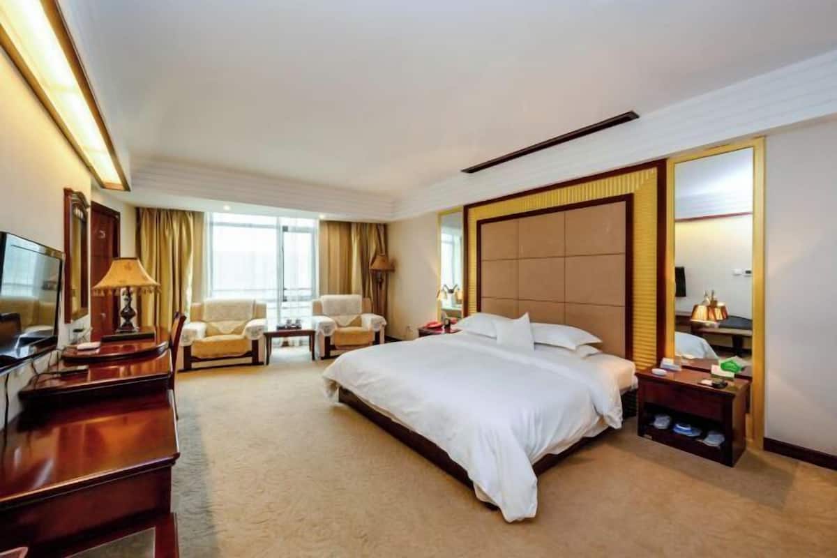 A hotel room with a large bed, a desk with a lamp, a chair, a TV, and a wardrobe.