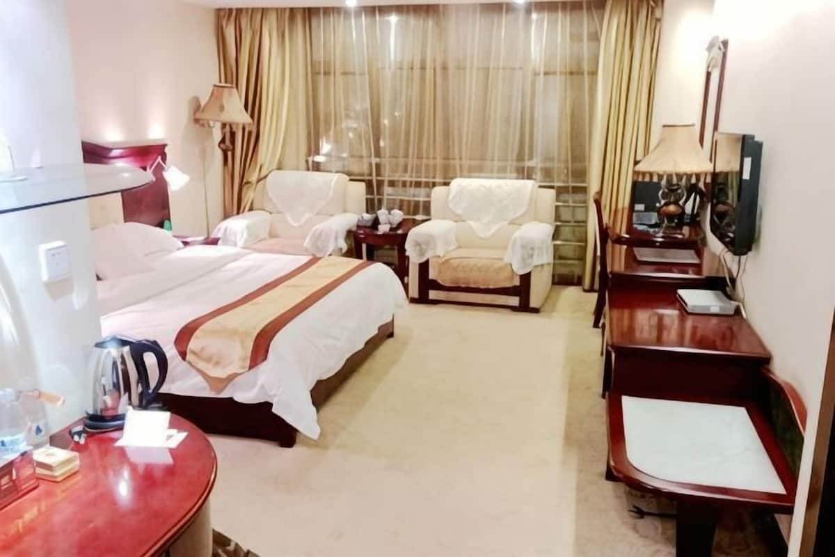A hotel room with a bed, two chairs, a desk, a TV, and a lamp.