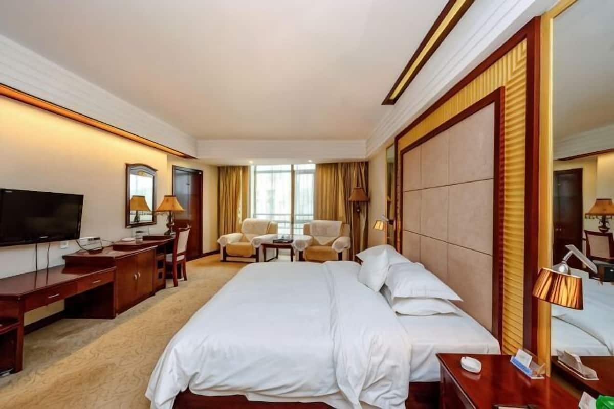 A hotel room with a large bed, a desk, a chair, a TV, and a window.