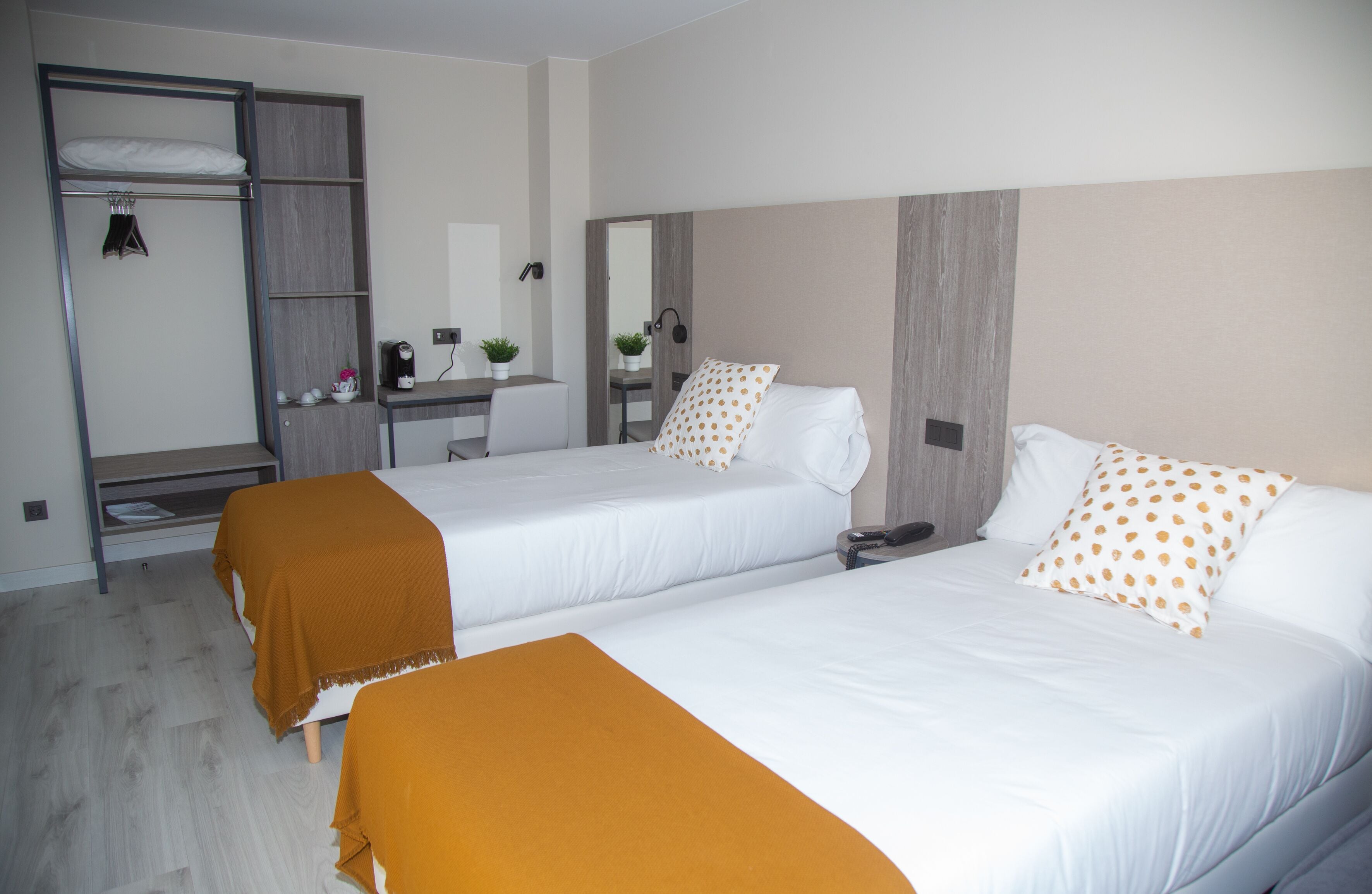 Habitación de hotel con dos camas, un escritorio, un espejo y un armario.