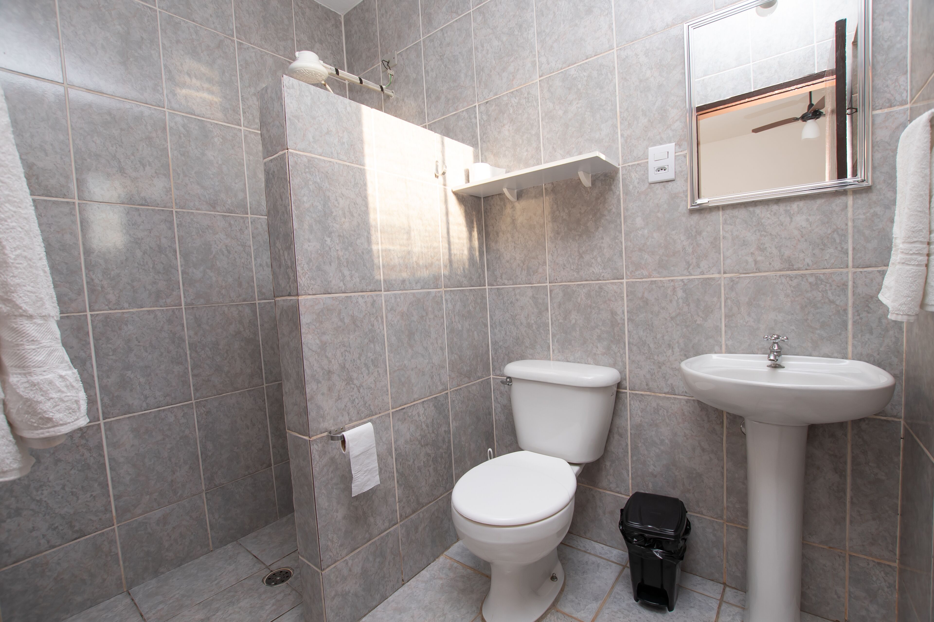 Een badkamer met toilet, wastafel en douche.