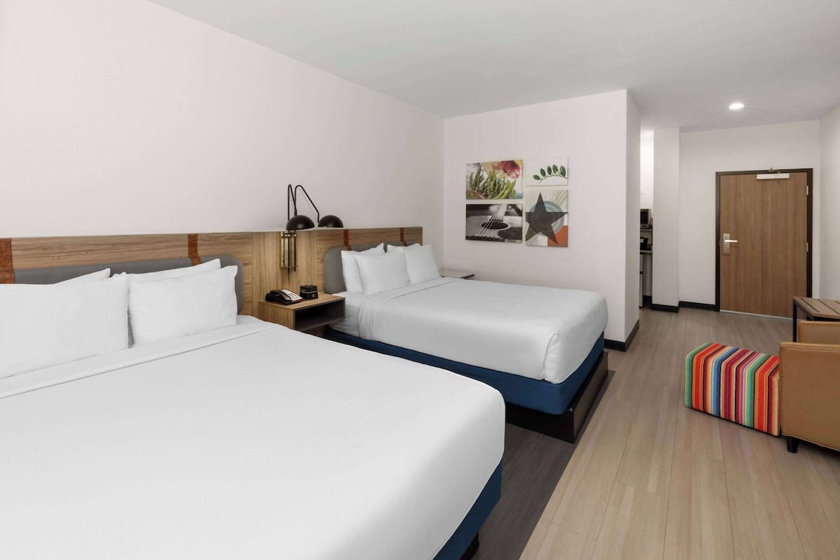 Room, 2 Queen Beds, Accessible, Non Smoking (Accessible Tub with Grab Bars) | Desk, laptop workspace, bed sheets