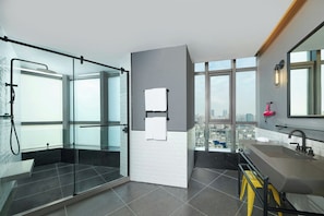 Shower, free toiletries, hair dryer, slippers