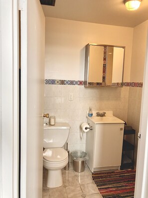 Shower, towels, soap, toilet paper
