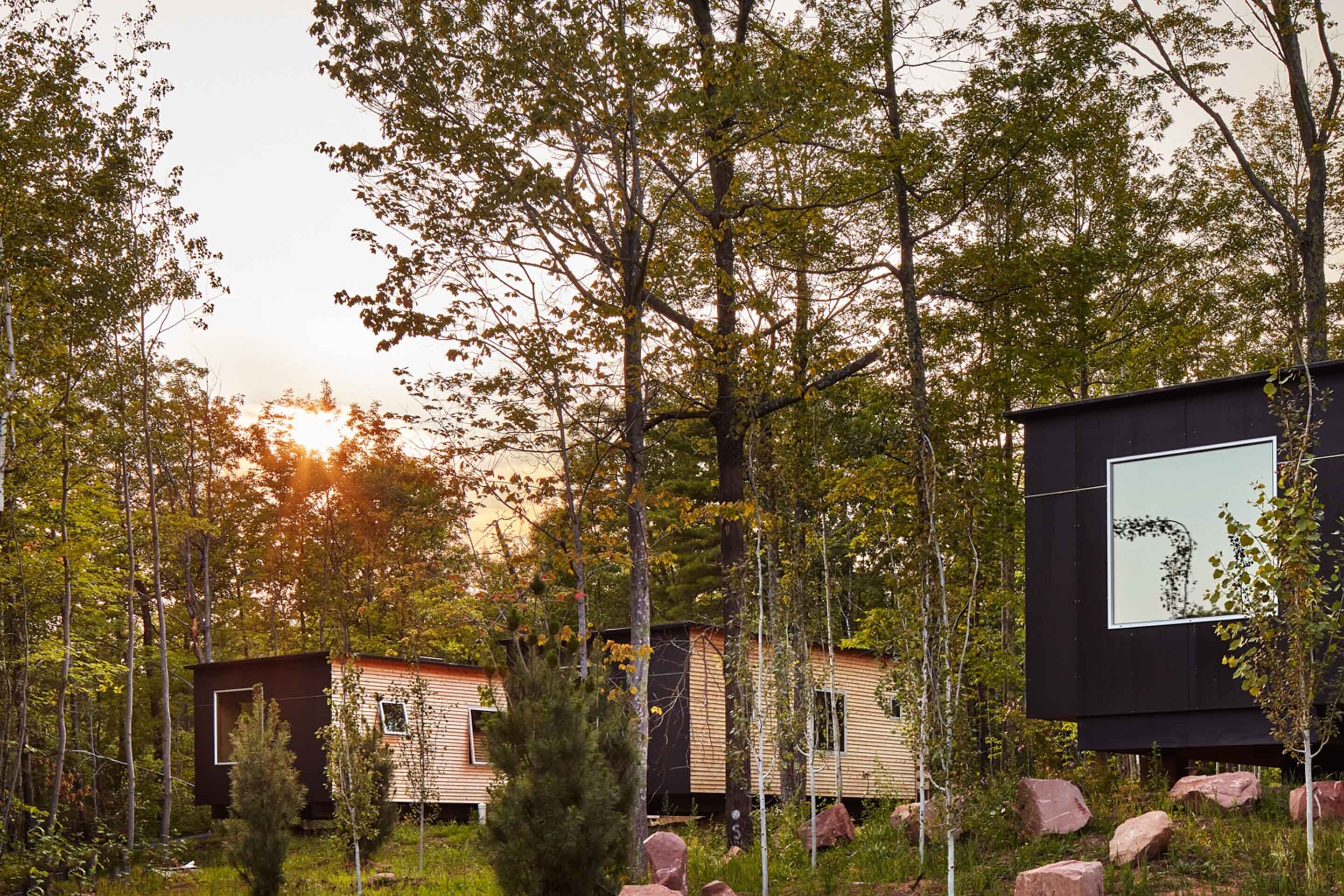 A forested area with cabins and a billboard.