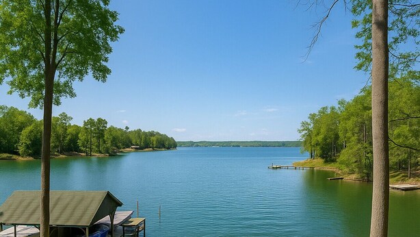 Vista de un lago con un hoyo para fogata, sillas Adirondack y barcos amarrados.
