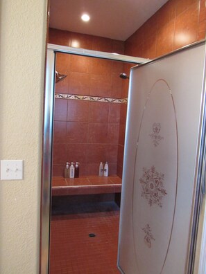 Combined shower/bathtub, hair dryer, towels, soap