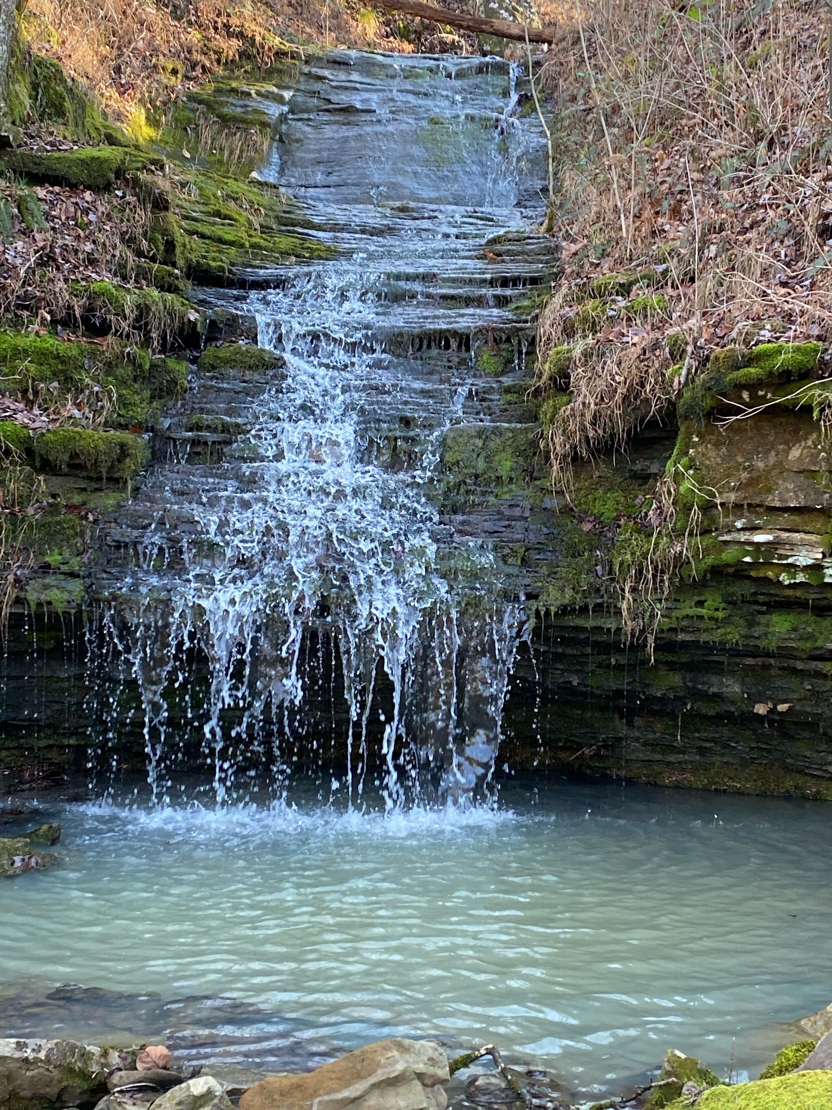 Une cascade d’eau se déversant sur des formations rocheuses en terrasses, pour se jeter dans un bassin paisible.