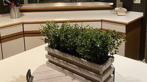 Une cuisine moderne avec un mur d’accent en pierre, un jardin d’herbes aromatiques intégré et un coin repas doté d’une table ronde.