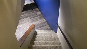 Un escalier avec une rampe en bois, des marches recouvertes de moquette et un tableau encadré représentant un rhinocéros accroché au mur.