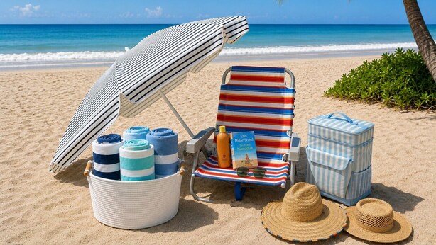 Une scène de plage avec une chaise de plage à rayures, un parasol à rayures, un seau contenant des serviettes enroulées, une bouteille, un livre, une valise et deux chapeaux de paille.