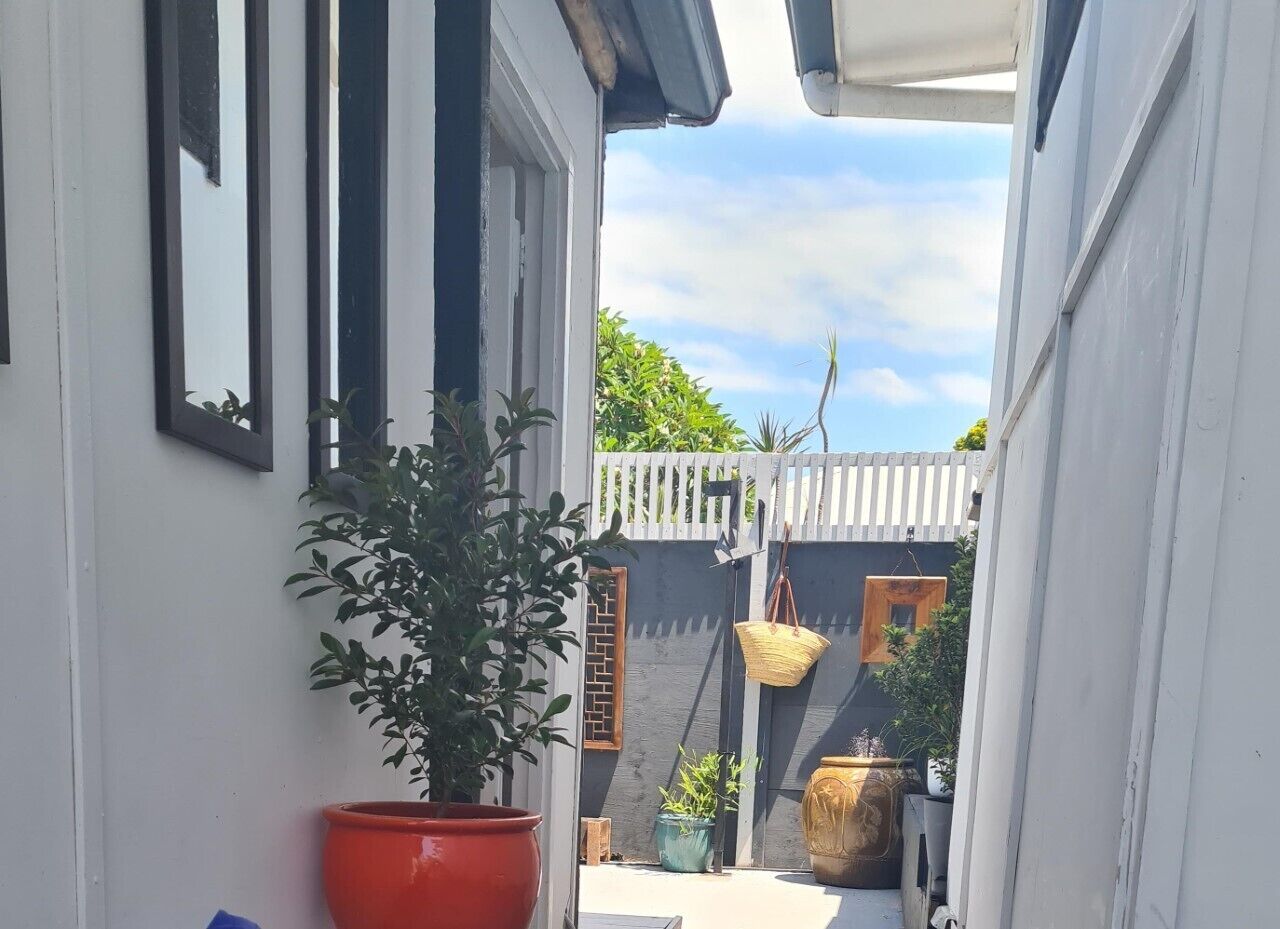 Un étroit couloir extérieur agrémenté d’une plante en pot, d’une jardinière suspendue et d’une petite table.