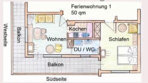 Unclassified image, 2 of 6, button - (1)Two-room apartment 50sqm, shower, WC, extra bedroom, kitchen, balcony (Reit im Winkl)