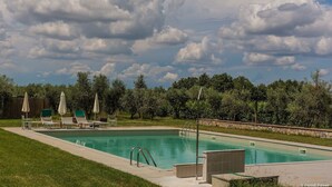 Una piscina rectangular con borde de piedra, rodeada de césped y árboles.