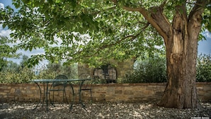 Una mesa y sillas bajo un árbol en un jardín con un muro de piedra y un edificio al fondo.