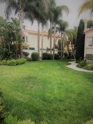 A well-maintained lawn with palm trees and a pathway leading to a building with a tiled roof.