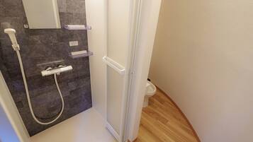 A bathroom with a shower, a toilet, and a mirror.