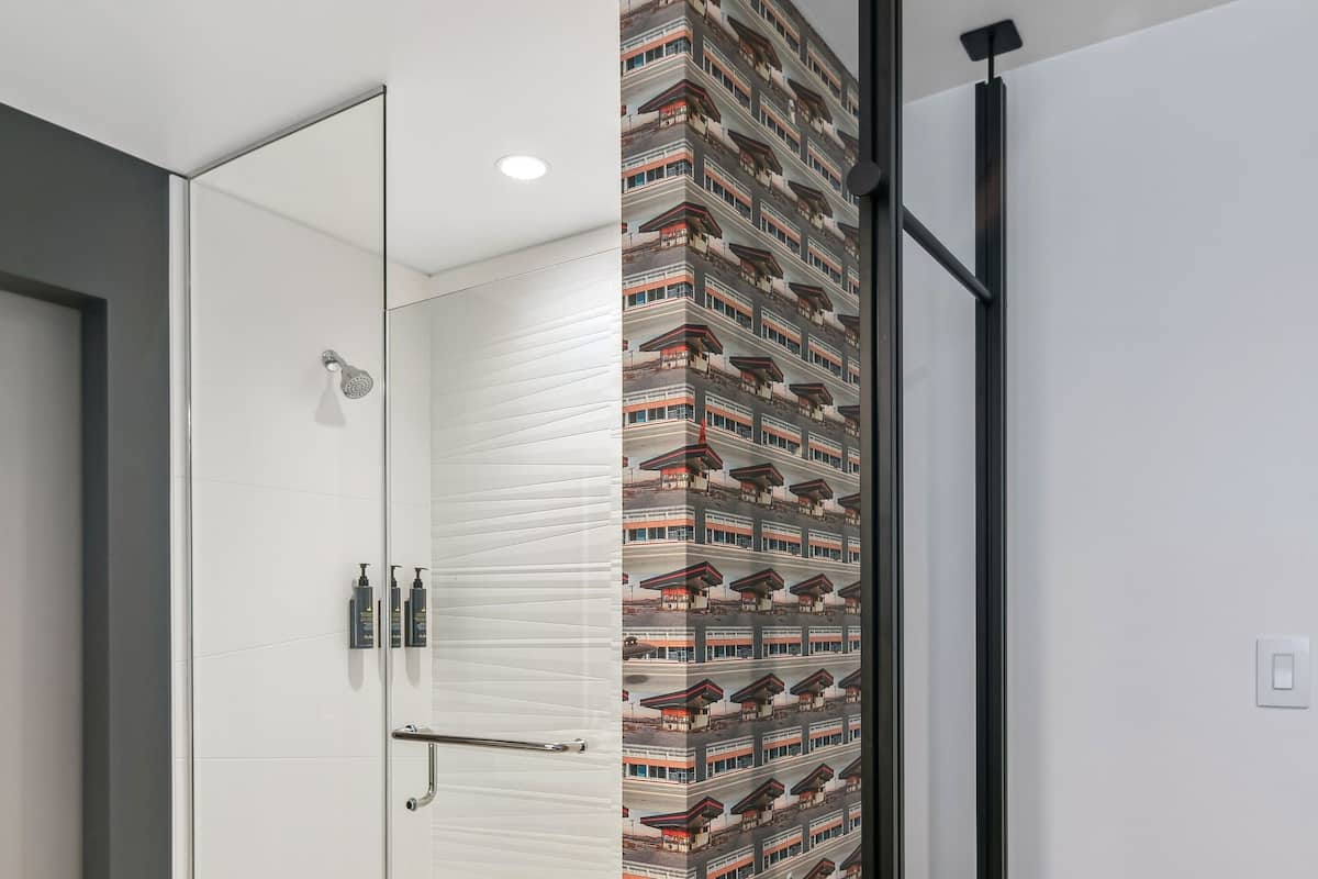 shower, free toiletries, hair dryer, towels