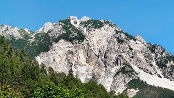A mountain landscape with rocky cliffs and dense forest.