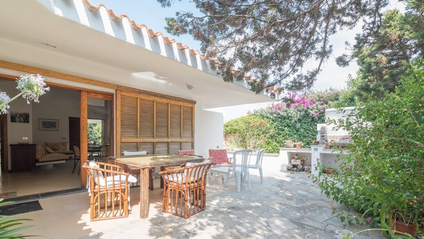 Une terrasse extérieure avec une table et des chaises, entourée de plantes en pot et dotée d’un sol en pierre.