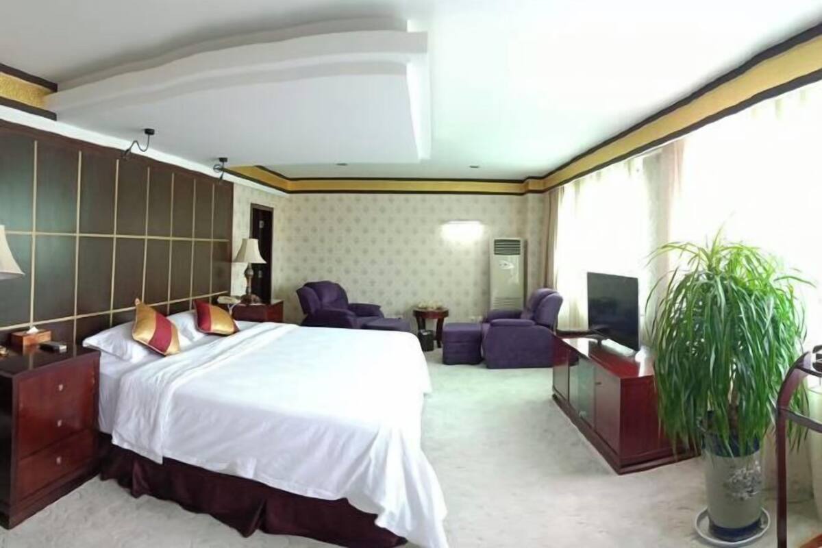 Ein Hotelzimmer mit einem Bett, einem Fernseher, einem Schreibtisch, einem Stuhl, einer Topfpflanze und einem großen Fenster.