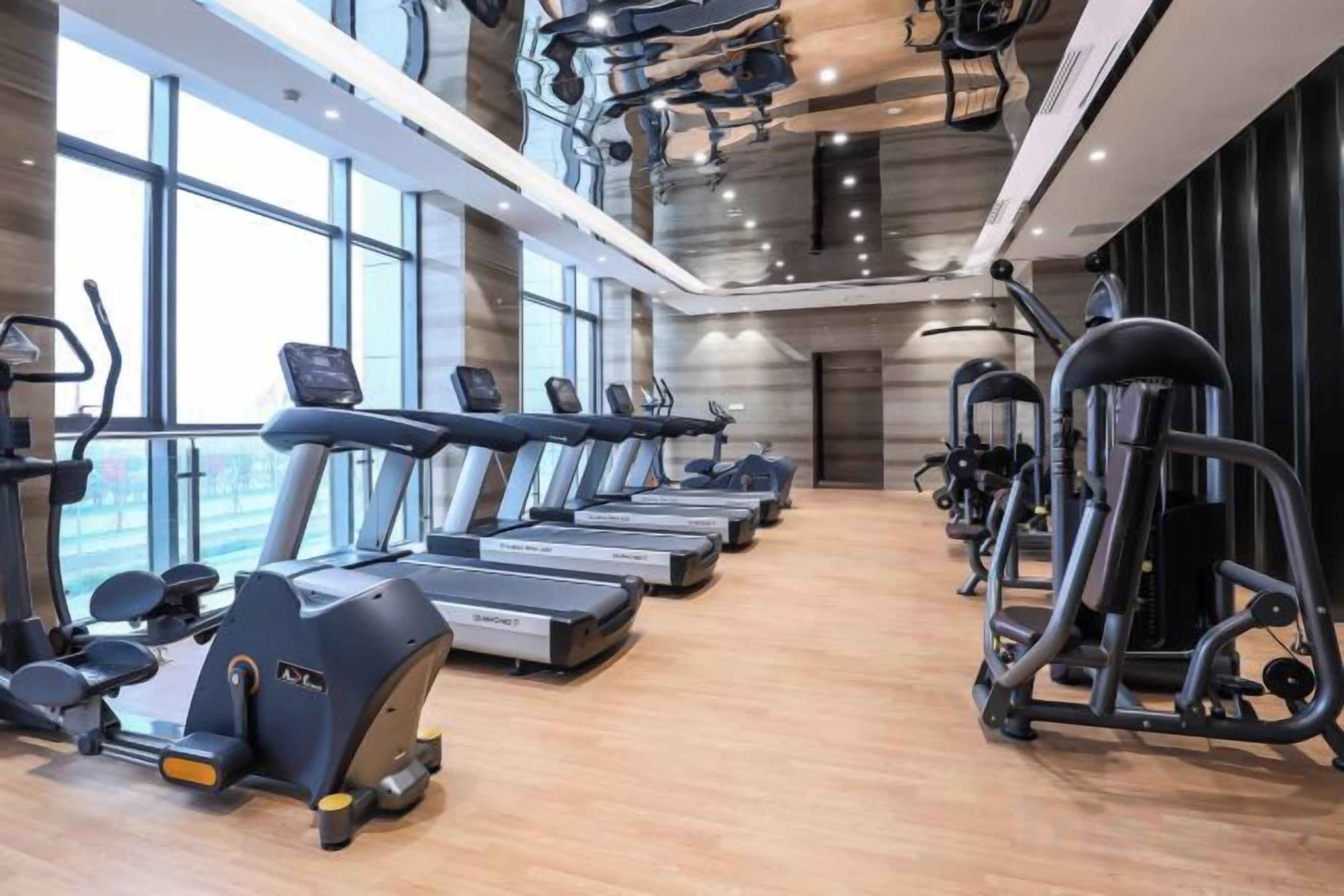 Un gimnasio con cintas de correr, elípticas y máquinas de pesas.
