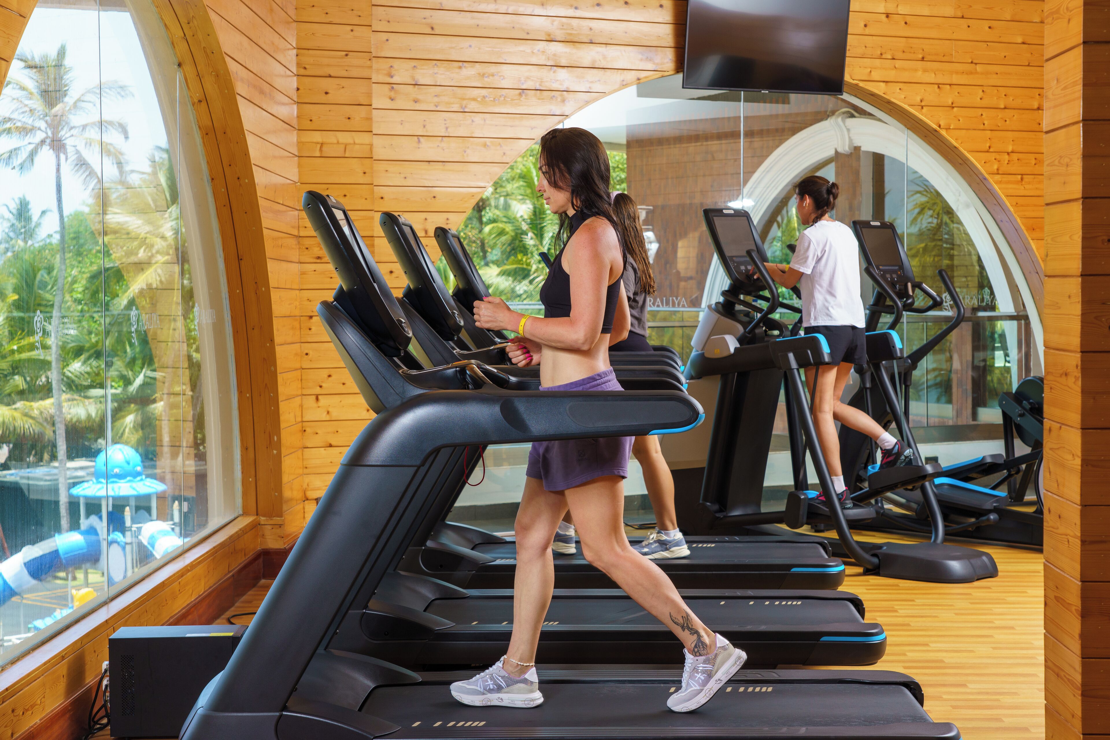 A gym with treadmills, large windows, and wooden walls.