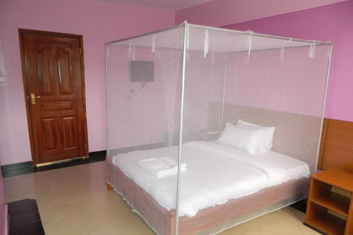 A single bed with a canopy, a wooden nightstand, a door, and a wall-mounted TV.