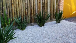 A wooden fence with plants in front of a yellow building.