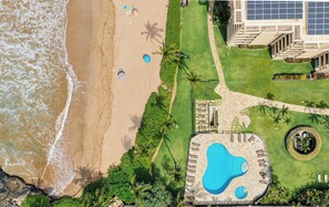 An aerial view of a beachfront property with a swimming pool, palm trees, and a well-maintained lawn.