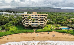 Un hôtel doté d’une cour intérieure, entourée d’une végétation luxuriante, et donnant sur une plage équipée de transats.
