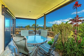 Een overdekt terras met een glazen tafel en stoelen, met uitzicht op een prachtig zeegezicht en palmbomen.