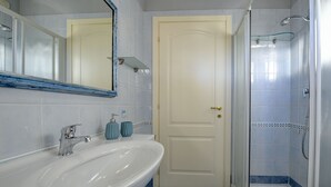 Une salle de bain avec un lavabo, un miroir et une douche.