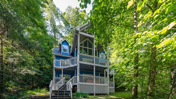 A multi-story cabin with a porch and stairs, surrounded by dense forest.
