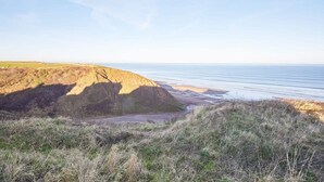 A coastal landscape with a sandy beach, grassy dunes, and a clear sky.
