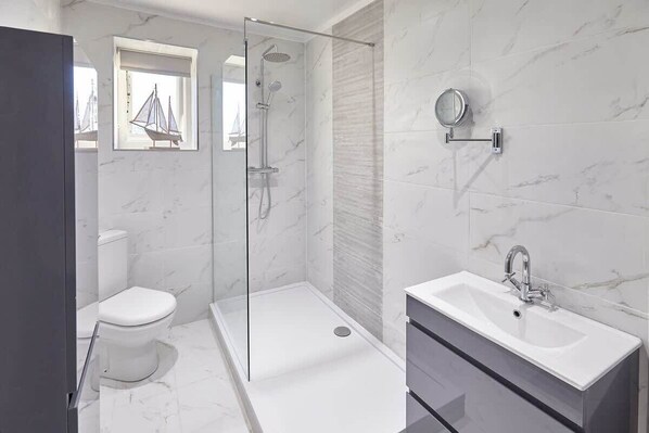 Shower, hair dryer, towels