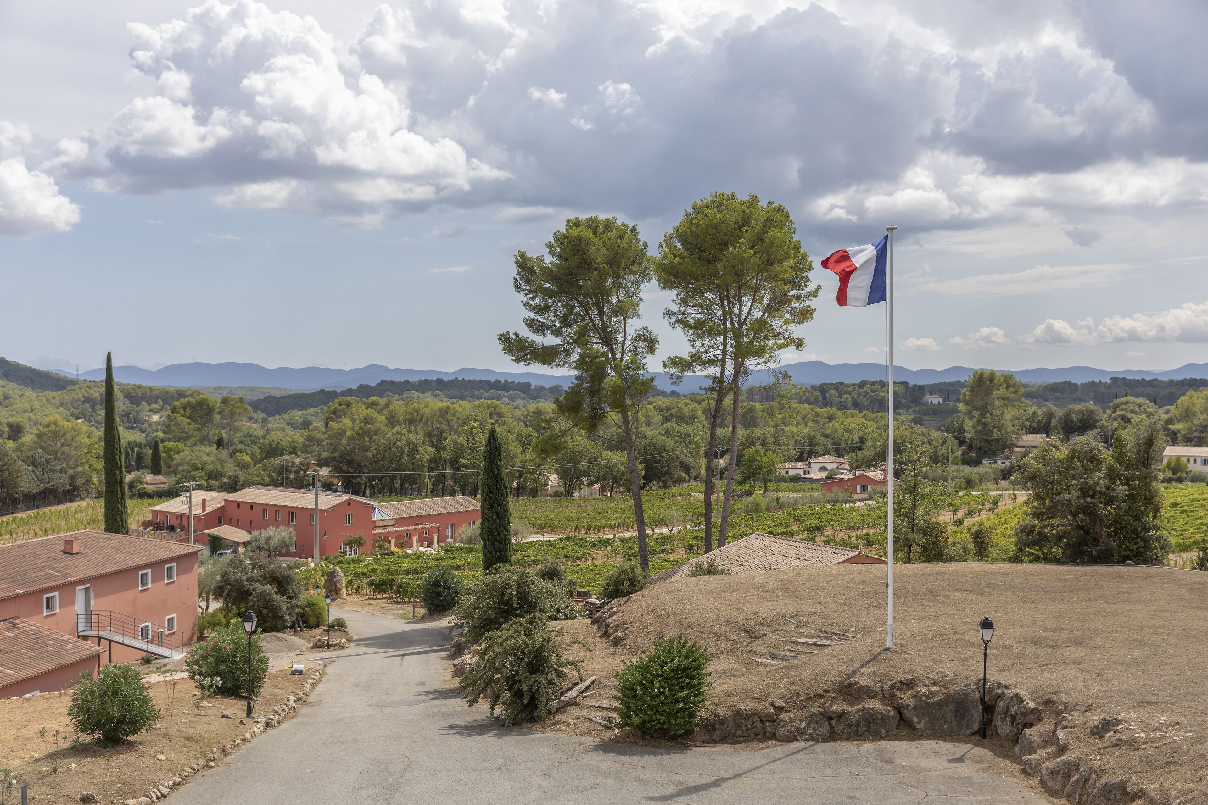 A rural landscape with a flag, buildings, and a road.