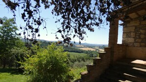 Eine Steintreppe führt zu einer Terrasse mit Kübelpflanzen und Blick auf eine üppige Landschaft.