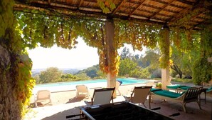 Ein überdachter Außenbereich mit Pool, Liegestühlen und einem Tischtennis-Tisch.