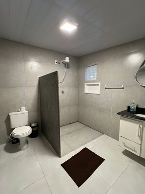 Shower, towels, toilet paper